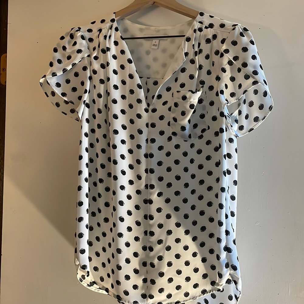 White and black polka dot shirt.  Hawthorn brand (stitch fix)